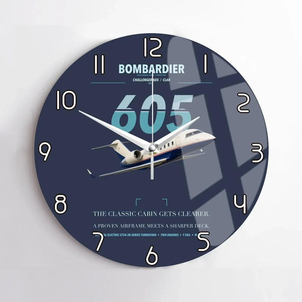 Bombardier Challenger 605 design on navy blue no frame wall clock