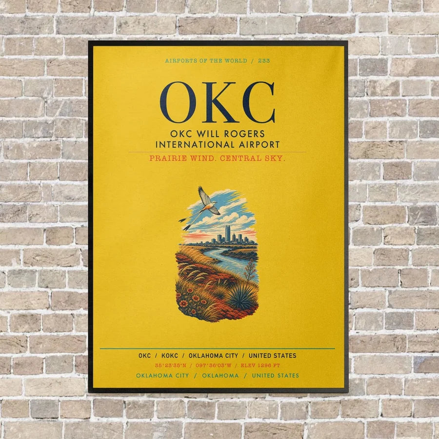 OKC Will Rogers International Airport OKC vertical canvas print - framed - yellow background