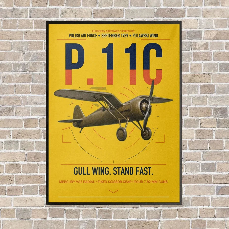 PZL P.11c vertical canvas print - framed - yellow background