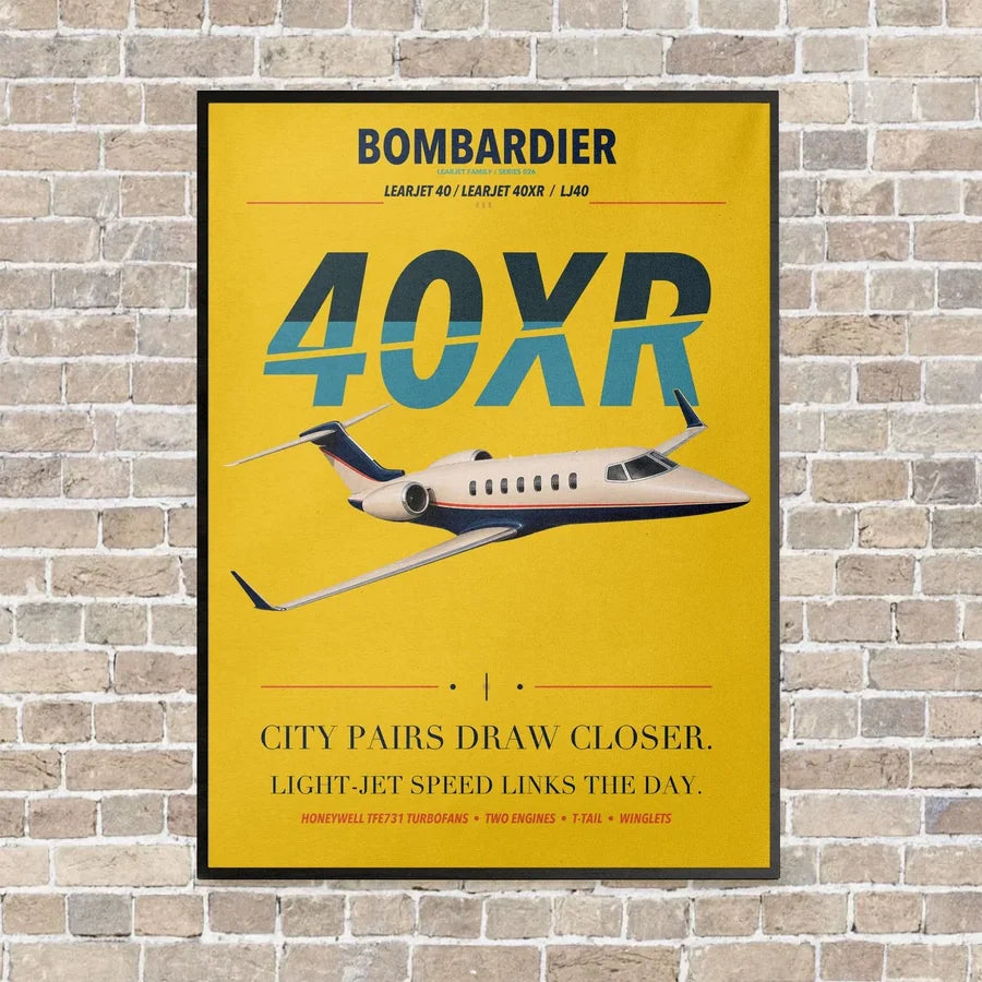 Bombardier Learjet 40XR vertical canvas print - framed - yellow background