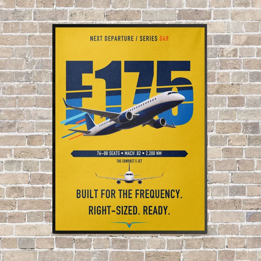 Embraer E175 vertical canvas print - framed - yellow background