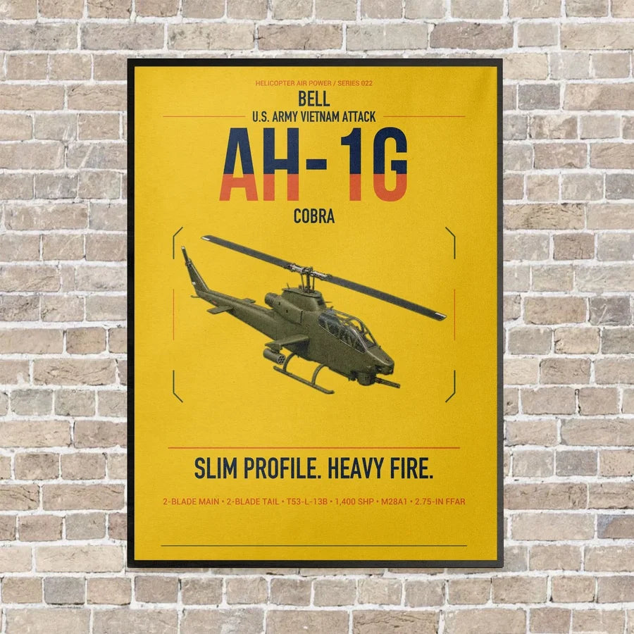 Bell AH-1G Cobra vertical canvas print - framed - yellow background