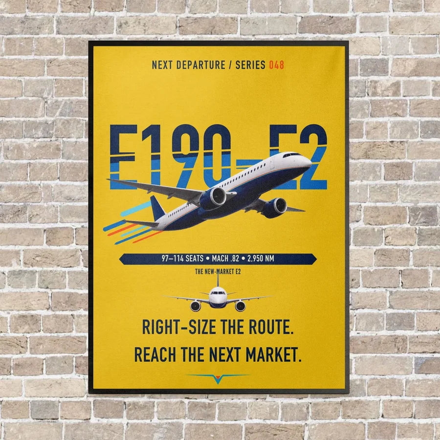 Embraer E190-E2 vertical canvas print - framed - yellow background