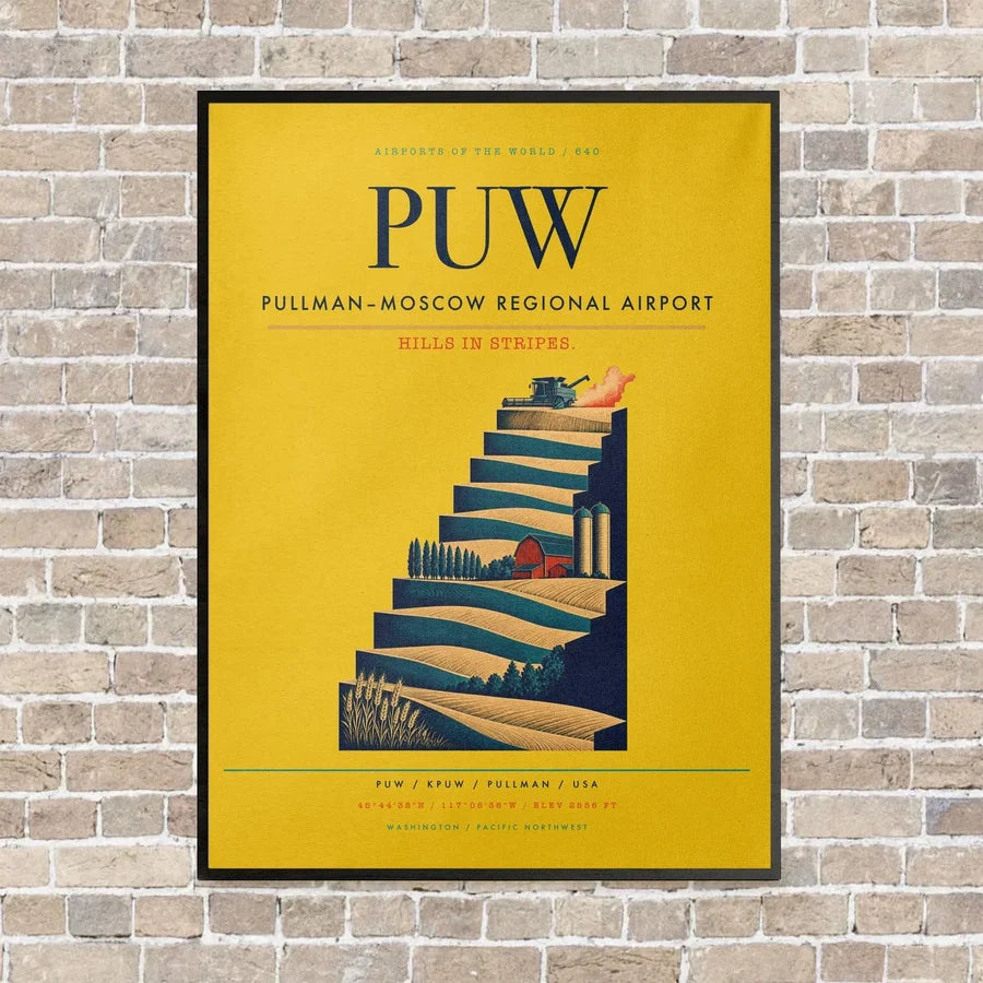 Pullman–Moscow Regional Airport PUW vertical canvas print - framed - yellow background