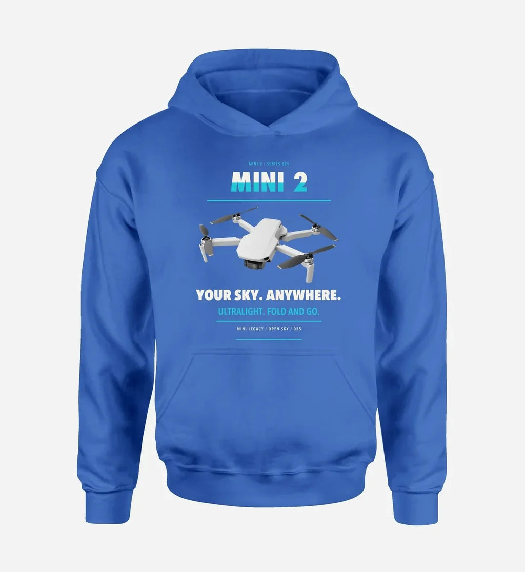 DJI Mini 2 design on blue hoodie single side