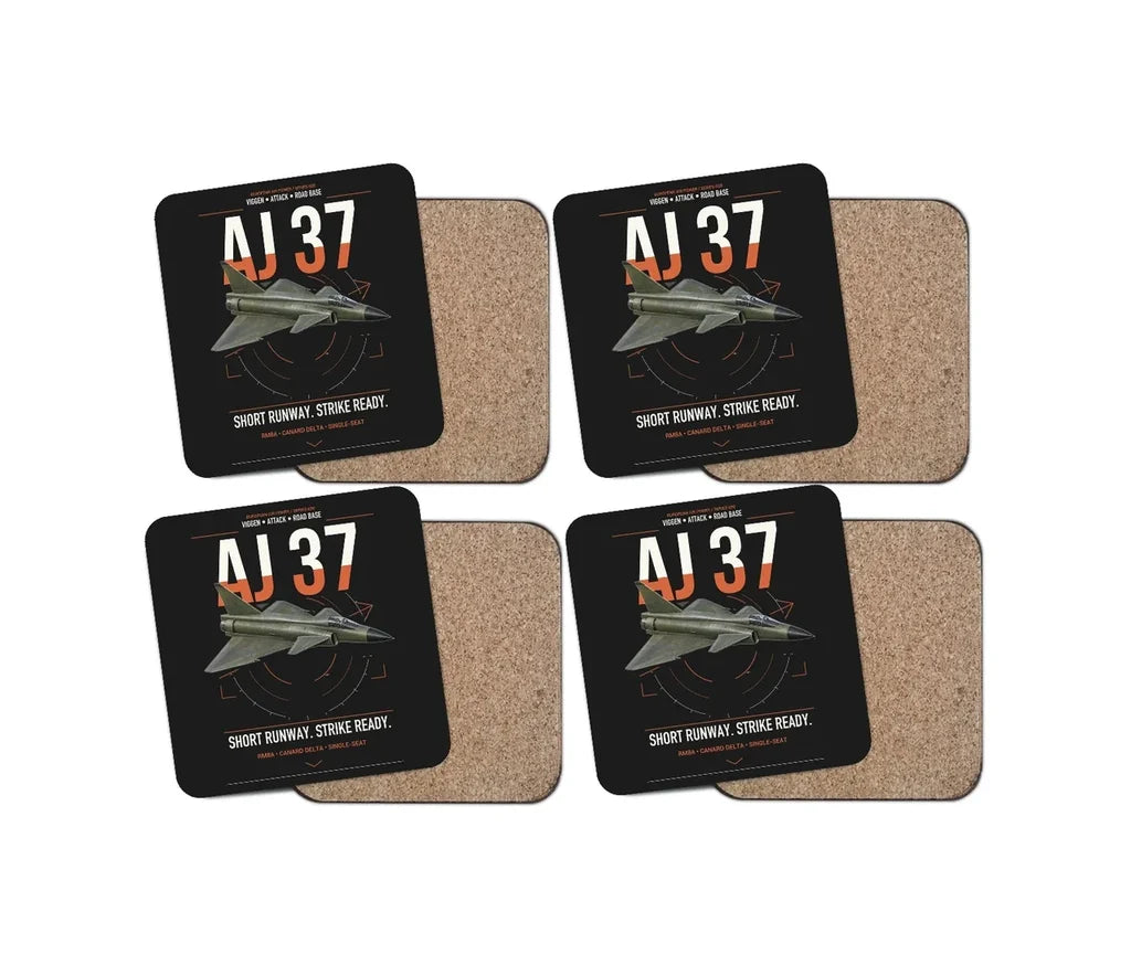 Saab AJ 37 Viggen design on black 4 pieces set coaster