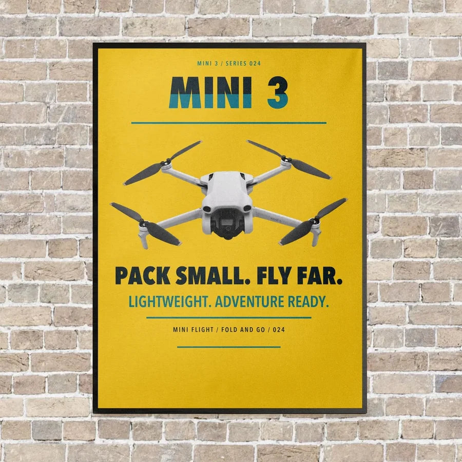 DJI Mini 3 vertical canvas print - framed - yellow background