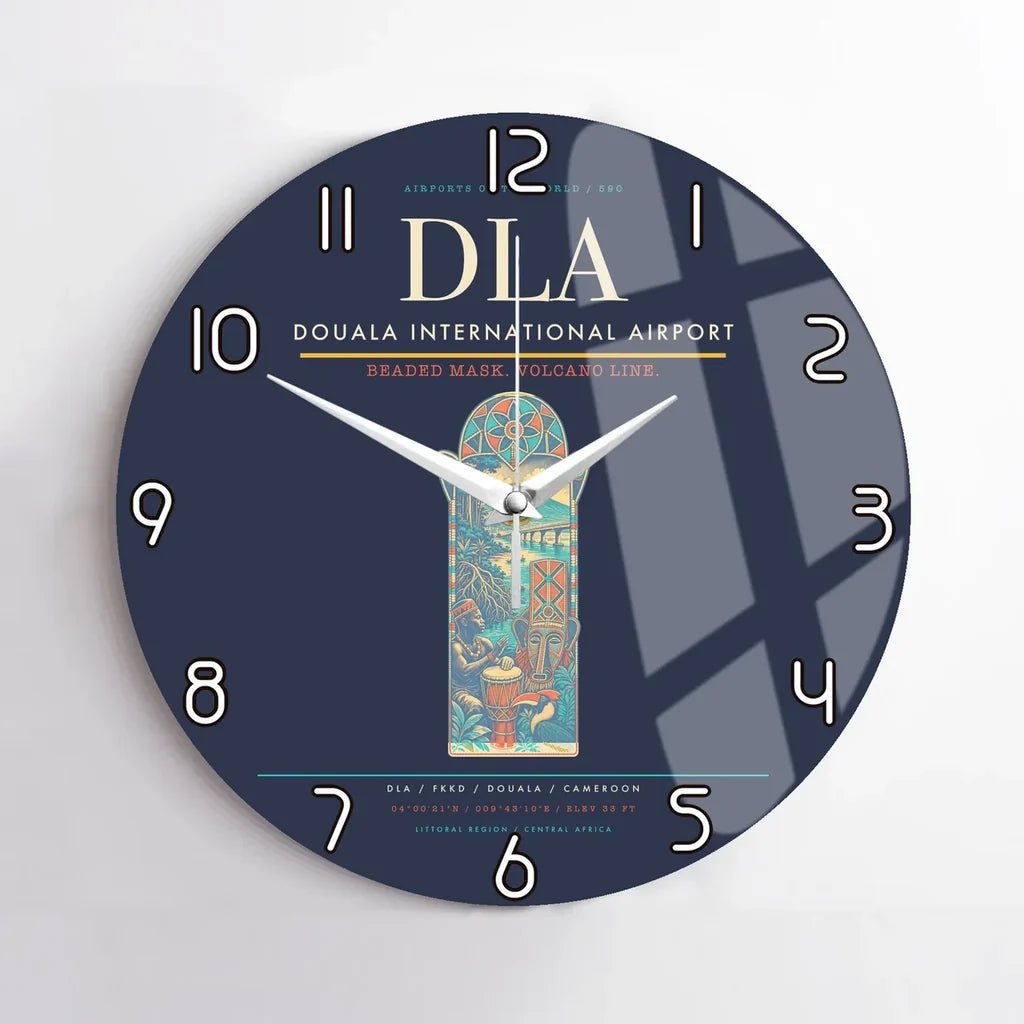 Douala International Airport (DLA) design on navy blue no frame wall clock