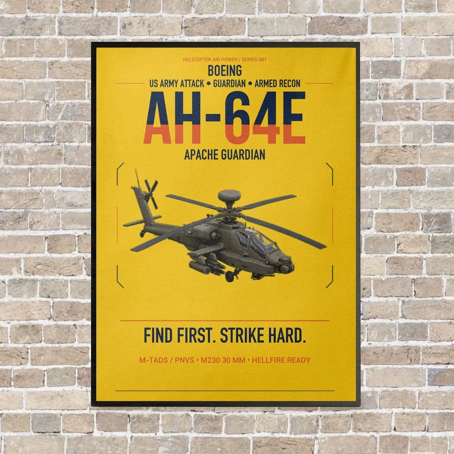 Boeing AH-64E Apache Guardian vertical canvas print - framed - yellow background