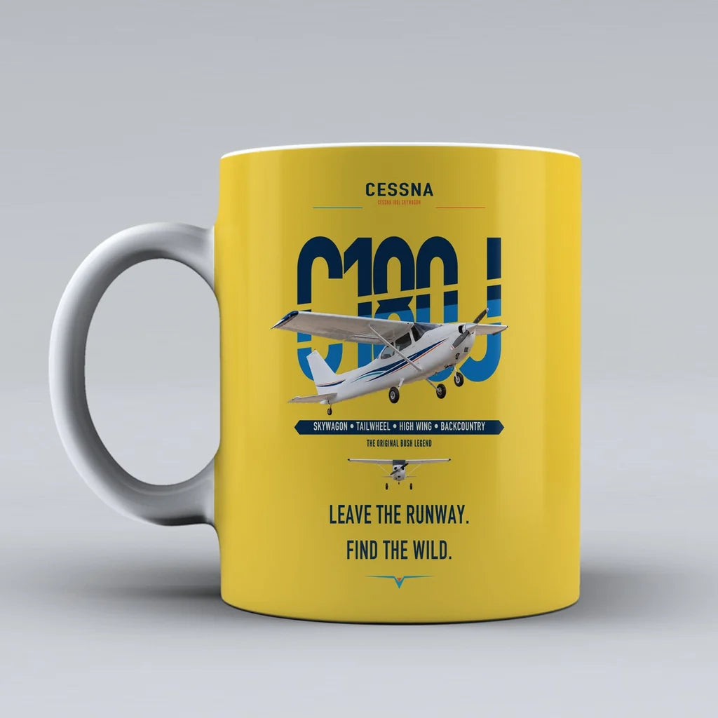 Cessna 180J Skywagon design on yellow ceramic mug, double-side print