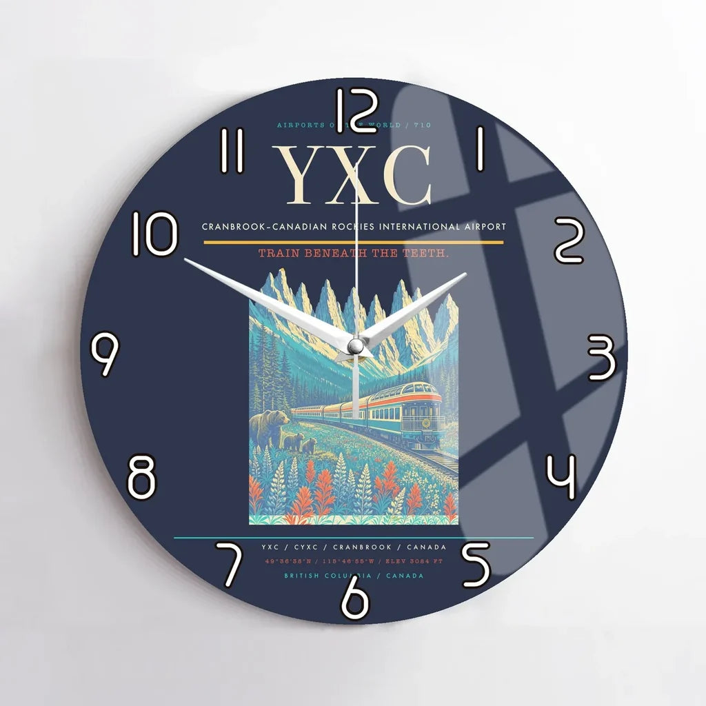 Cranbrook–Canadian Rockies International Airport (YXC) design on navy blue no frame wall clock