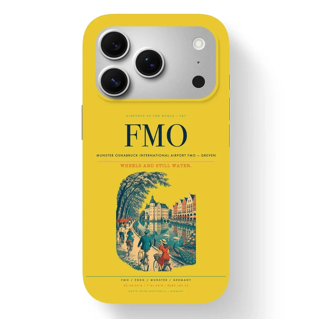 Greven Airport (FMO) design on yellow iPhone 17 Pro MagSafe case