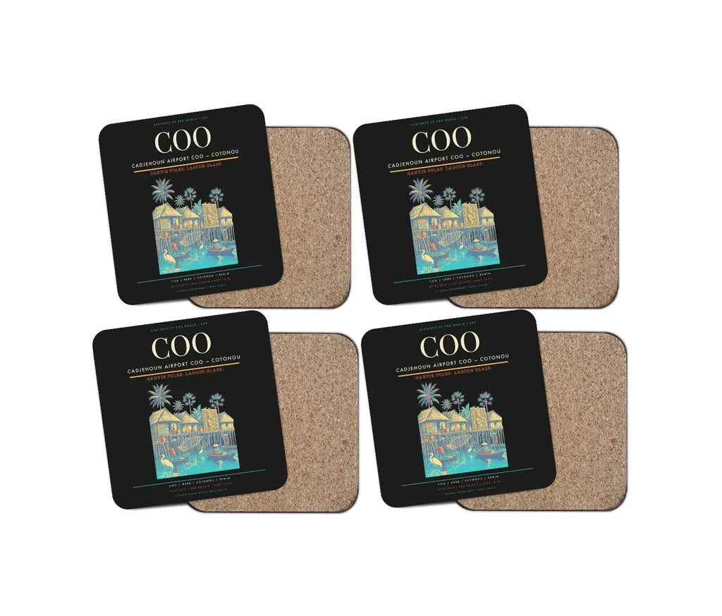 Cadjehoun Airport (COO) design on black 4 pieces set coaster