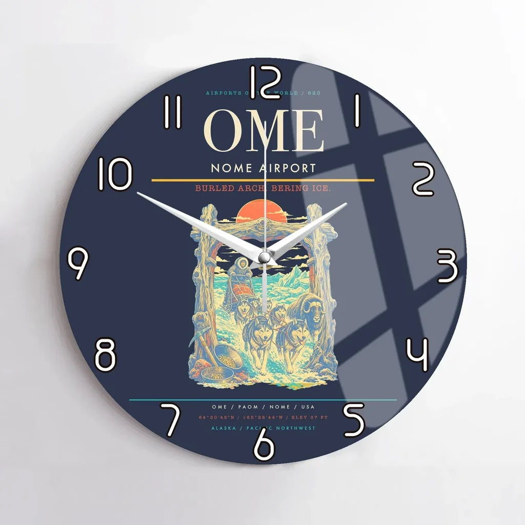 Nome Airport (OME) design on navy blue no frame wall clock