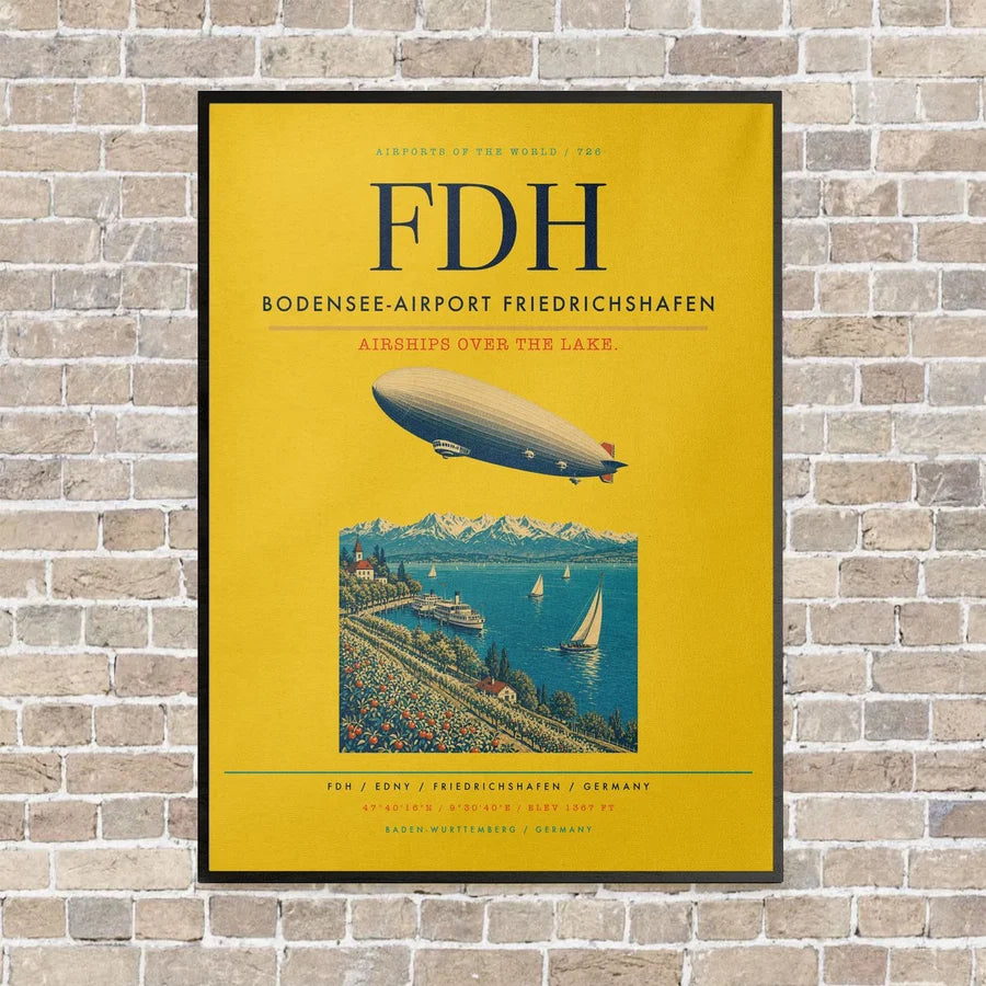 Bodensee-Airport Friedrichshafen FDH vertical canvas print - framed - yellow background