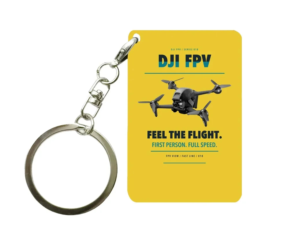 DJI FPV Key Chain design on yellow key chain