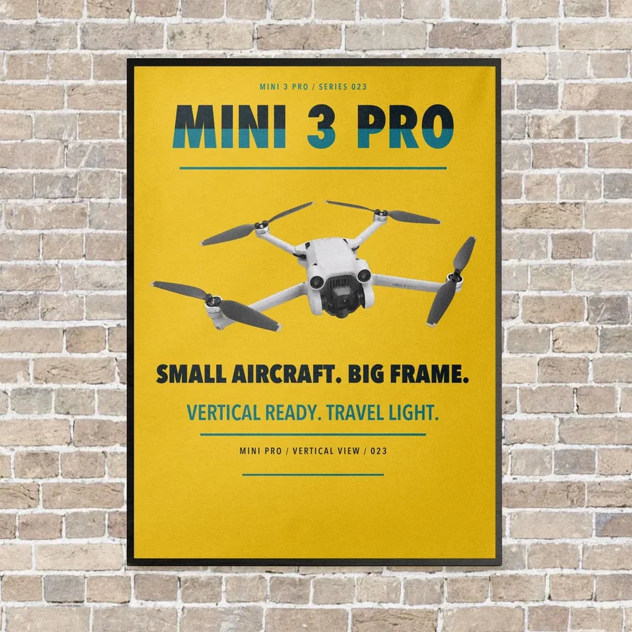 DJI Mini 3 Pro vertical canvas print - framed - yellow background