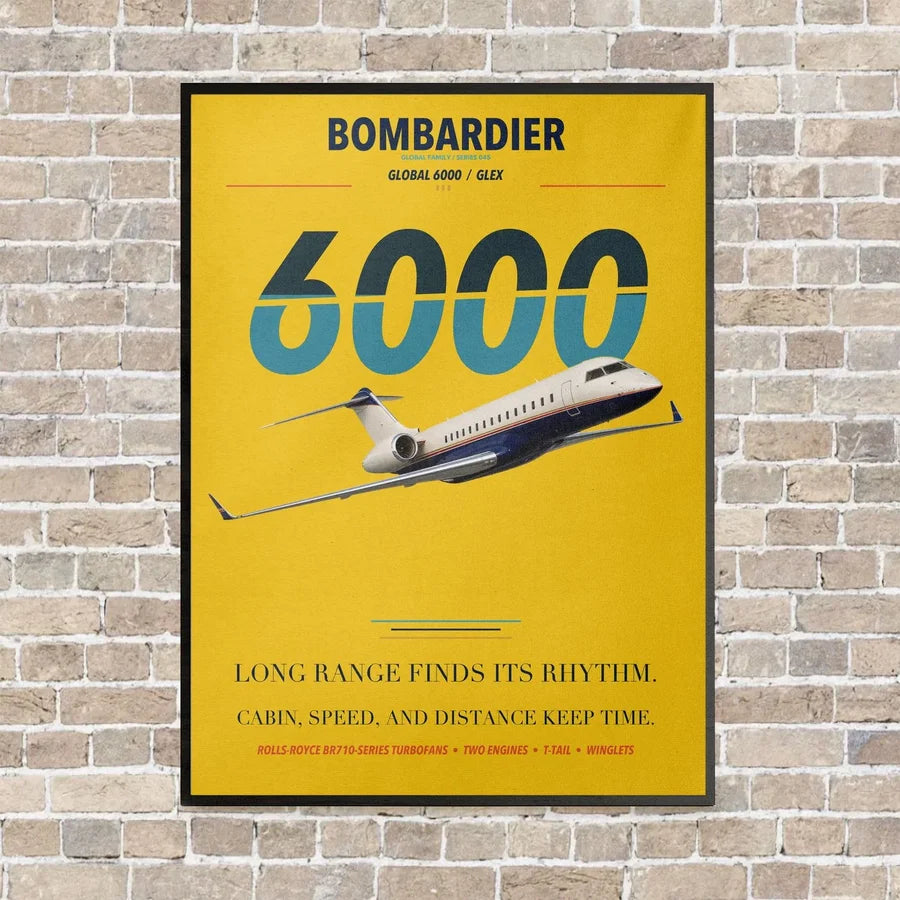 Bombardier Global 6000 vertical canvas print - framed - yellow background