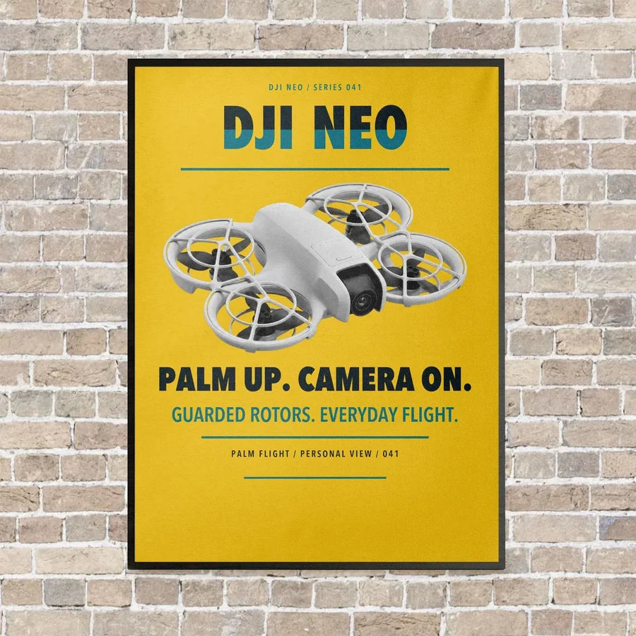 DJI Neo vertical canvas print - framed - yellow background