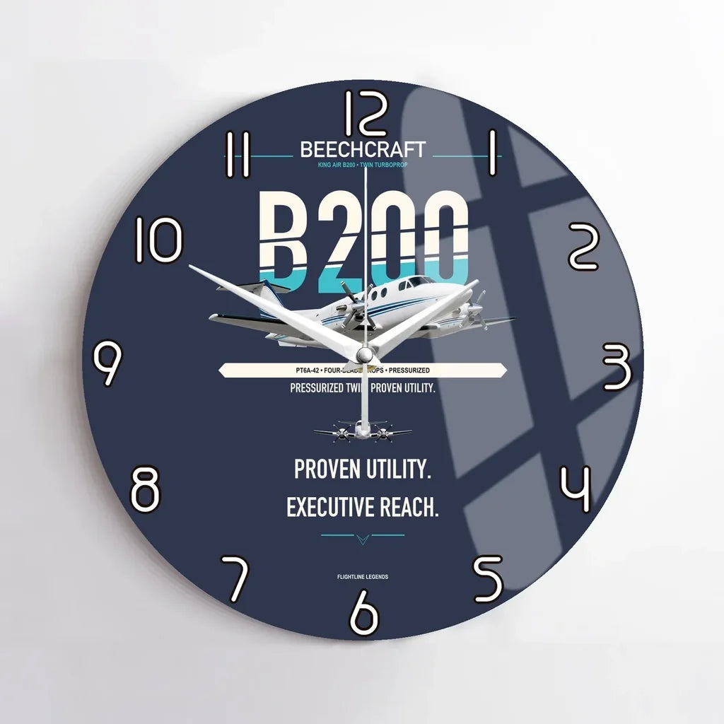 Beechcraft King Air B200 design on navy blue no frame wall clock