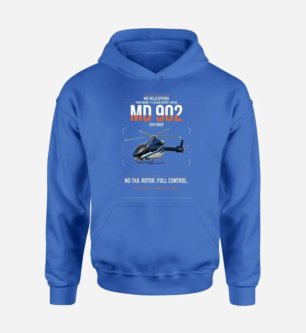 MD Helicopters MD 902 Explorer design on blue double-side hoodie, single-side print