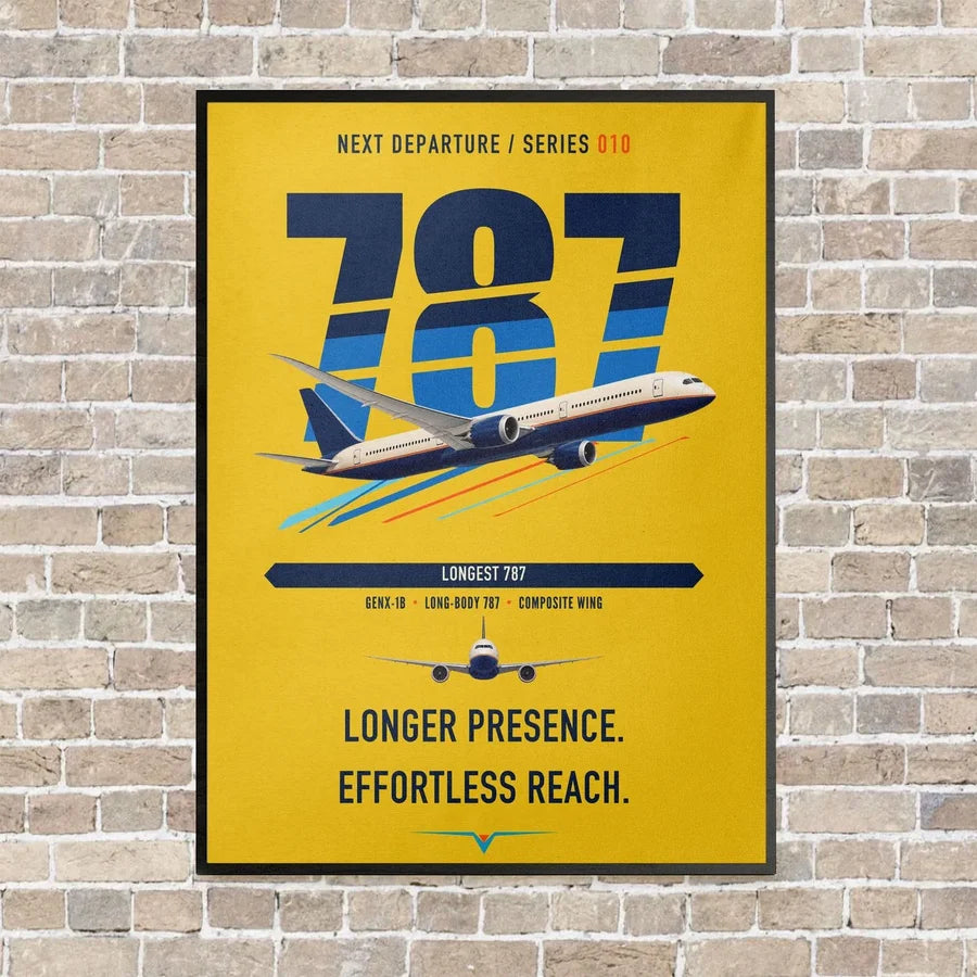 Boeing 787-10 Dreamliner vertical canvas print - framed - yellow background
