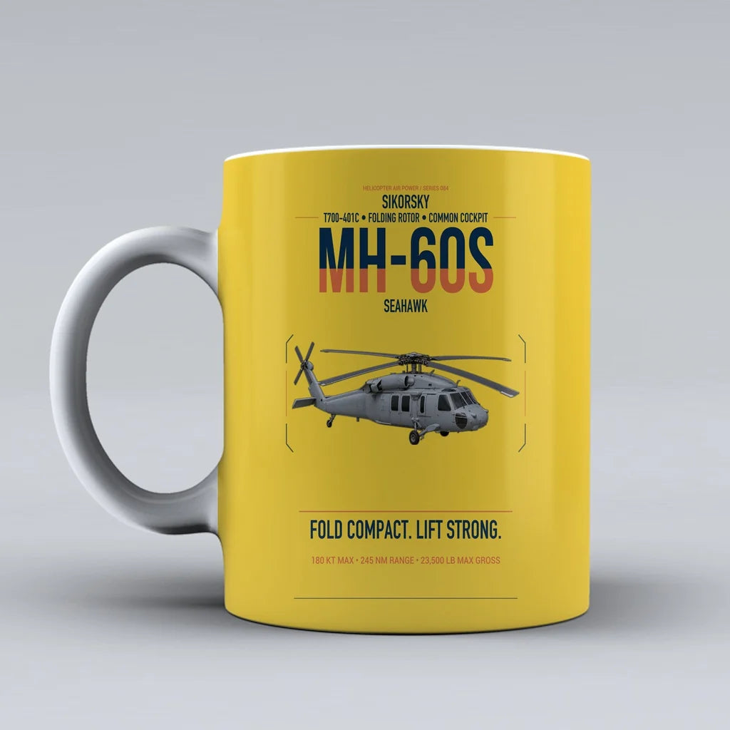 Sikorsky MH-60S Seahawk design on yellow ceramic mug, double-side print