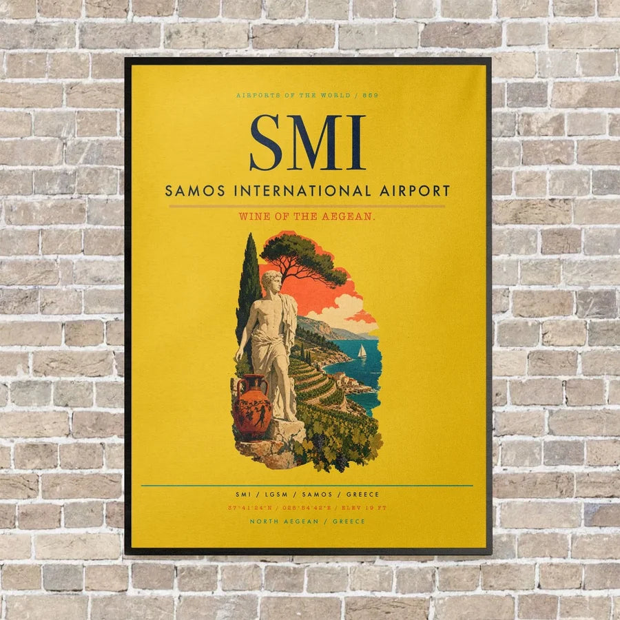 Samos International Airport SMI vertical canvas print - framed - yellow background