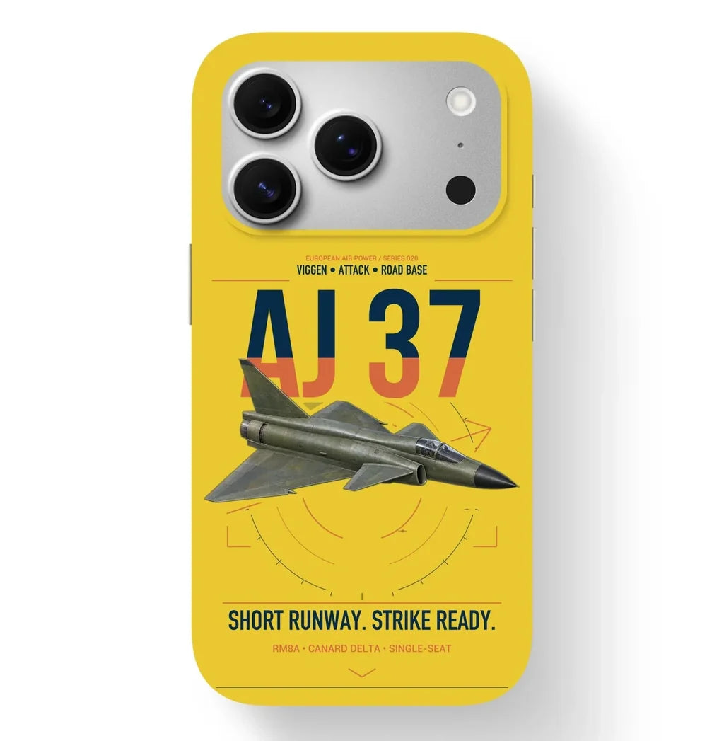 Saab AJ 37 Viggen design on yellow magsafe iphone case, for iPhone 17 Pro