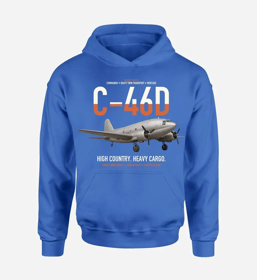 C-46D Commando design on blue double-side hoodie, single-side print
