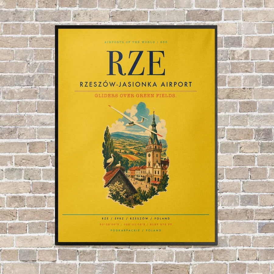 Rzeszów-Jasionka Airport RZE vertical canvas print - framed - yellow background