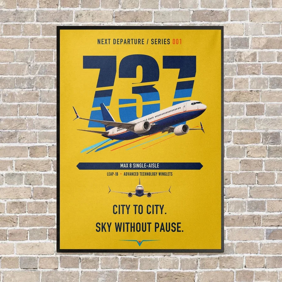 Boeing 737 MAX 8 vertical canvas print - framed - yellow background