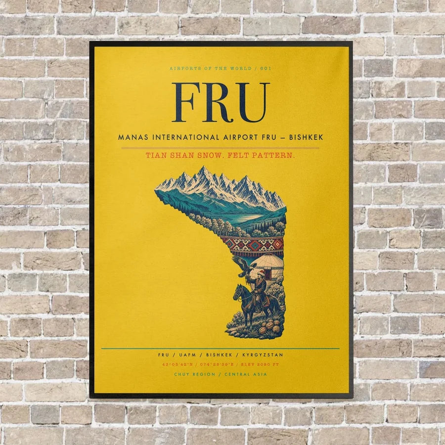 Manas International Airport FRU — Bishkek vertical canvas print - framed - yellow background