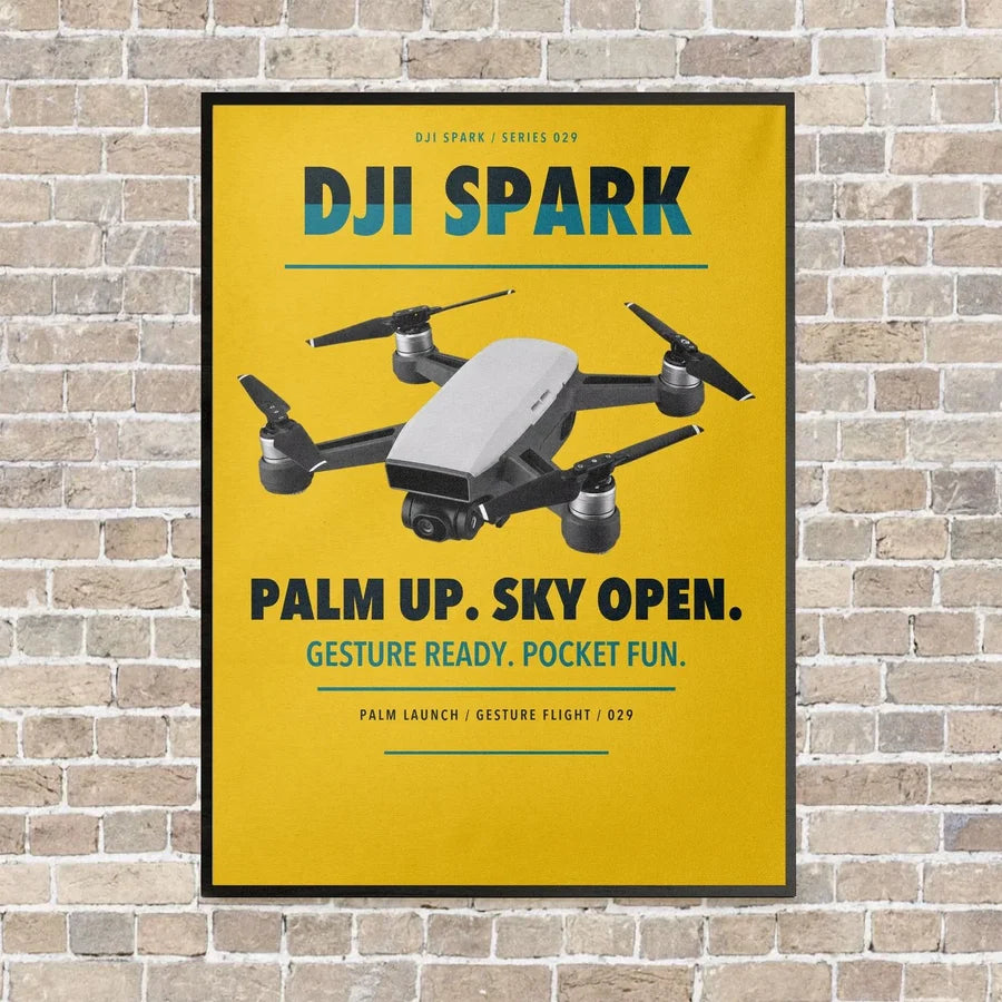 DJI Spark vertical canvas print - framed - yellow background