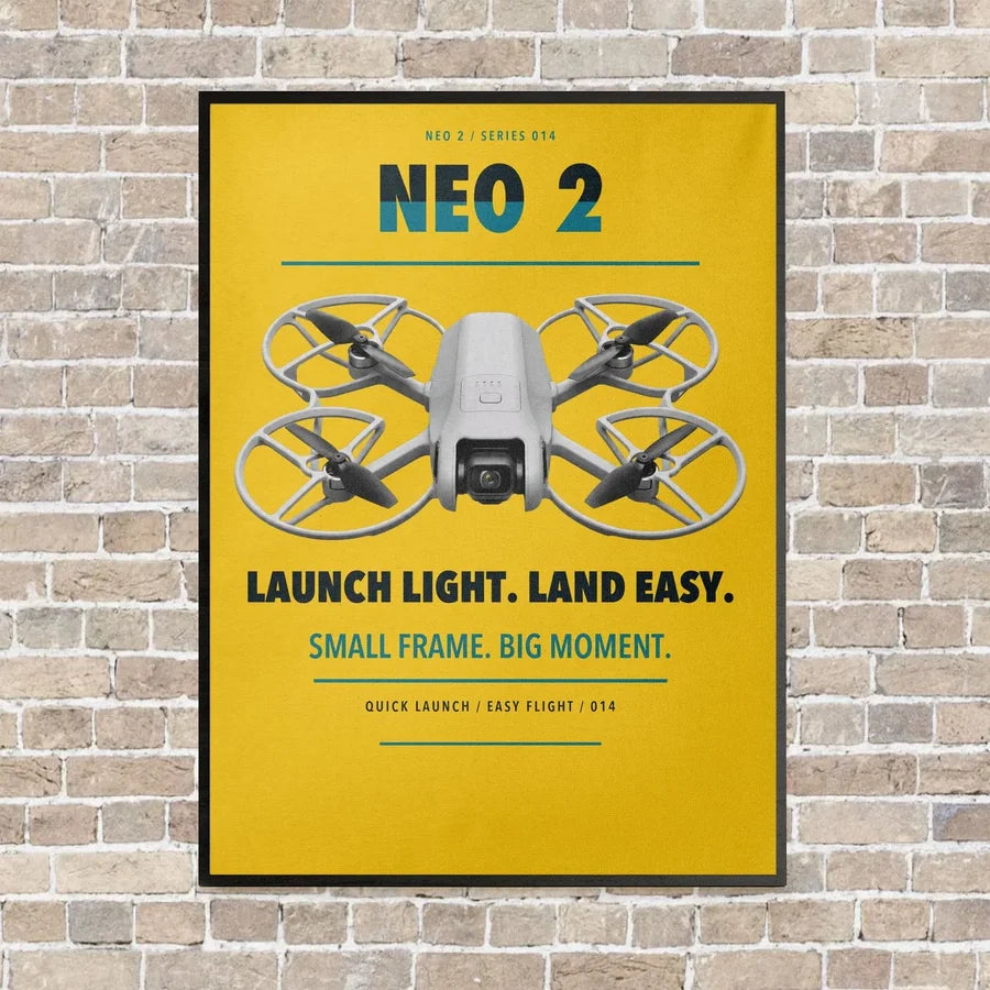 DJI Neo 2 vertical canvas print - framed - yellow background