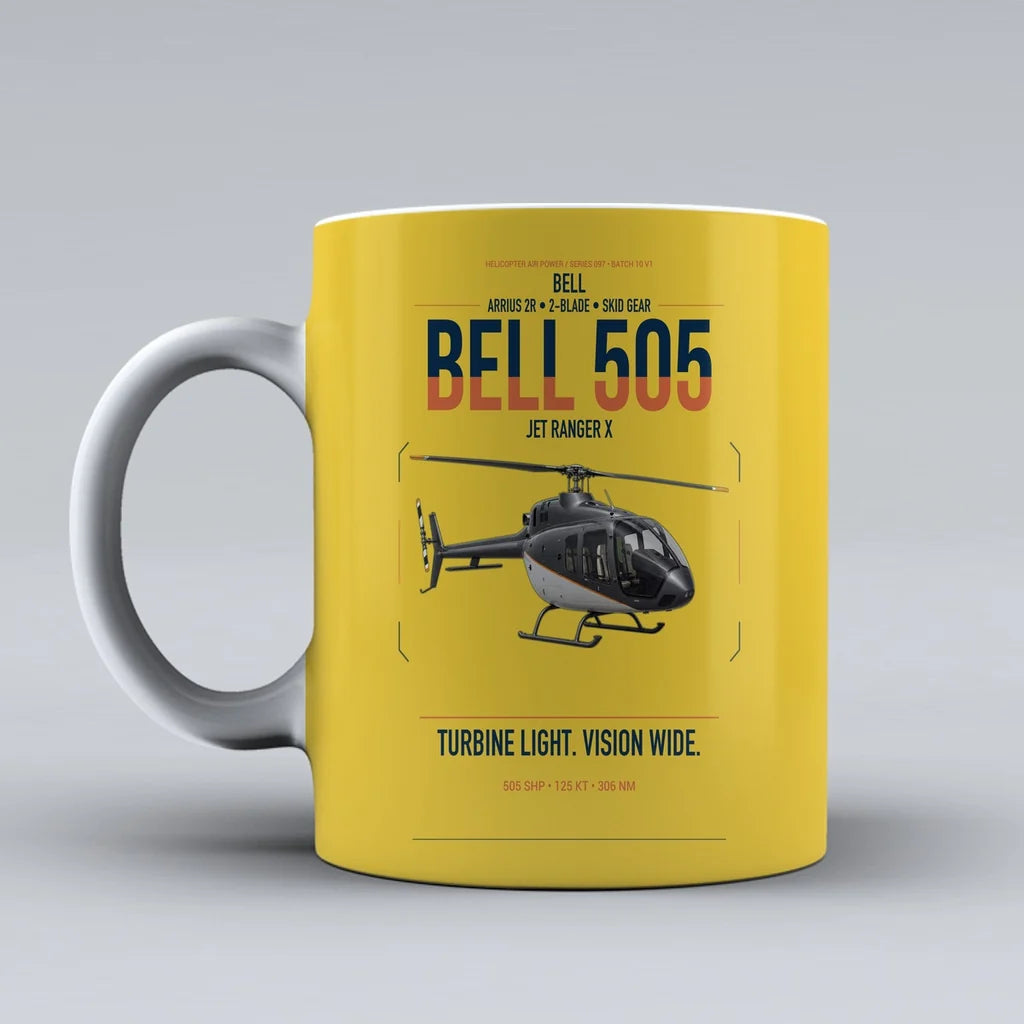 Bell 505 Jet Ranger X design on yellow ceramic mug, double-side print