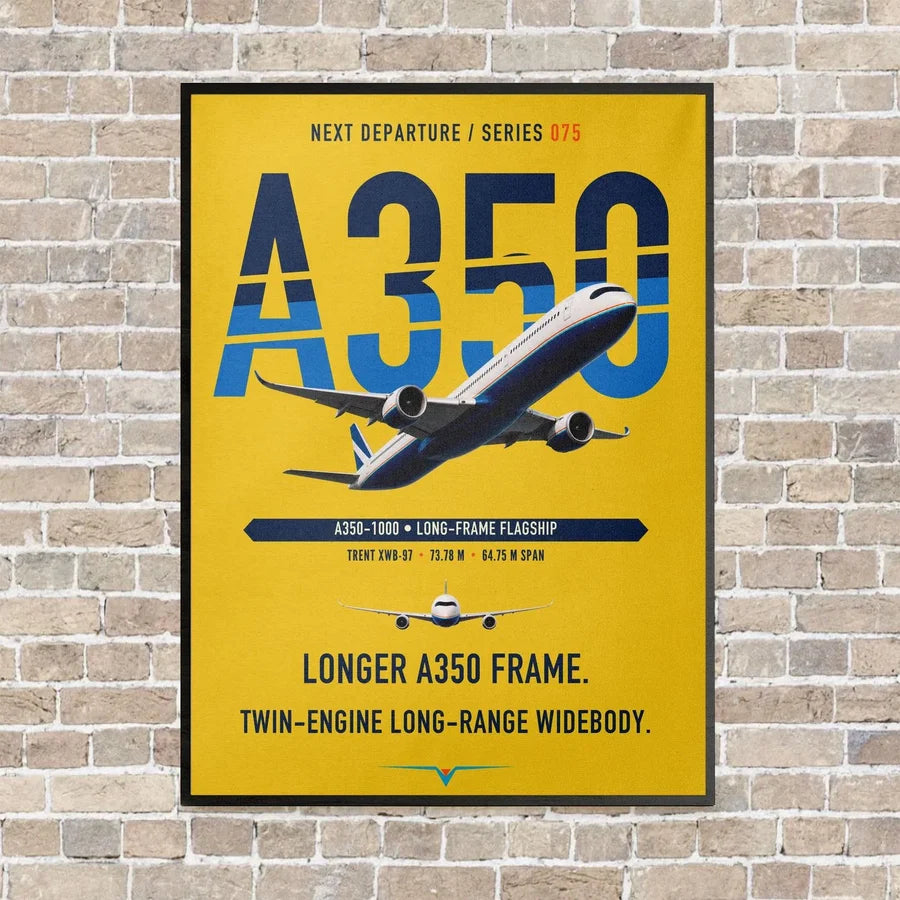 Airbus A350-1000 vertical canvas print - framed - yellow background