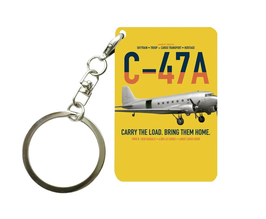 C-47A Skytrain design on yellow designed key chain, double-side print