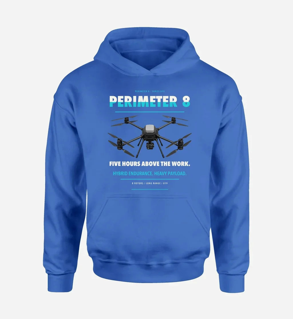 Skyfront Perimeter 8 design on blue hoodie single side
