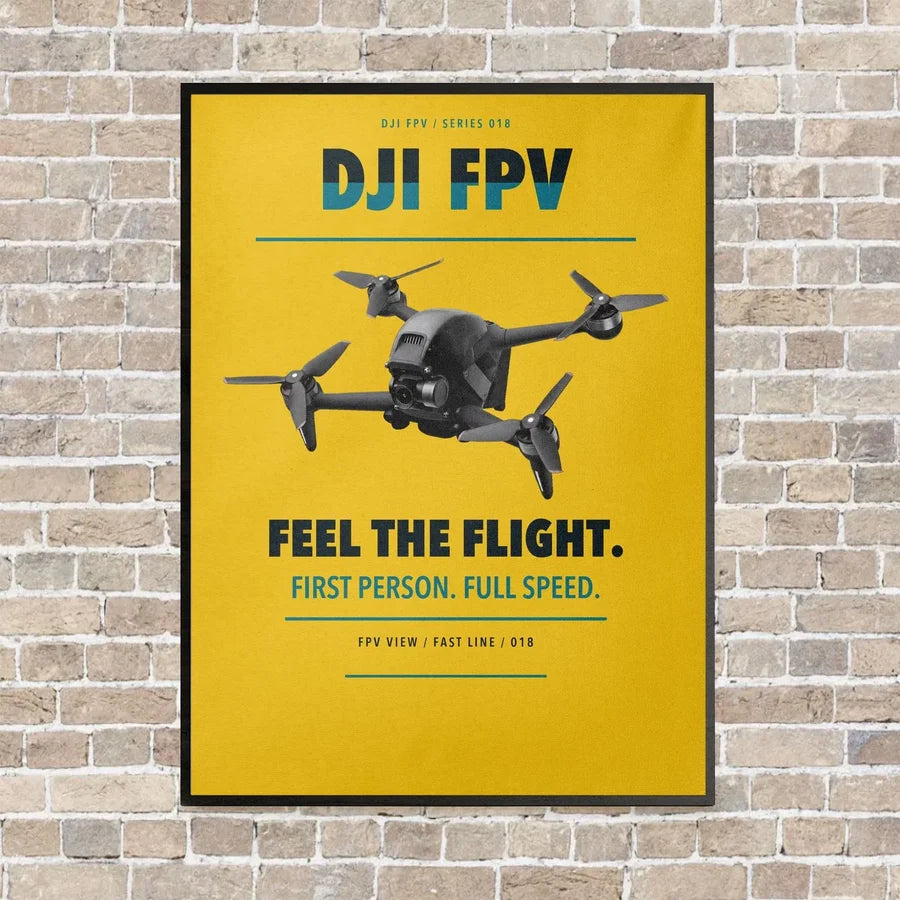 DJI FPV vertical canvas print - framed - yellow background