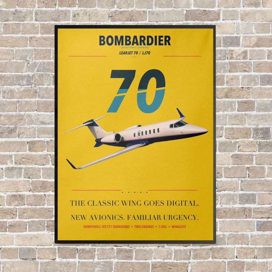Bombardier Learjet 70 vertical canvas print - framed - yellow background