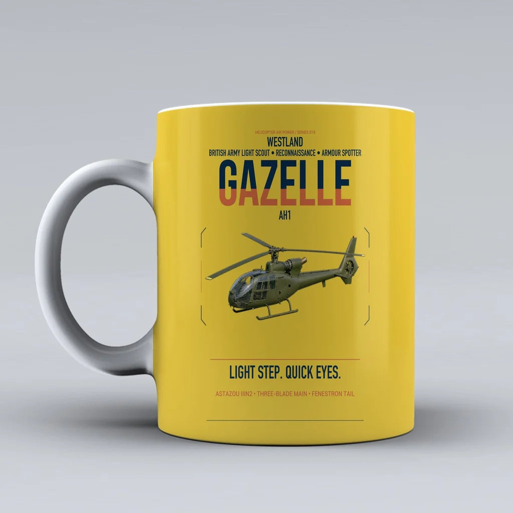 Westland Gazelle AH1 design on yellow ceramic mug, double-side print