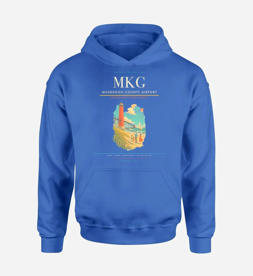 Muskegon County Airport (MKG) design on blue hoodie single-side print
