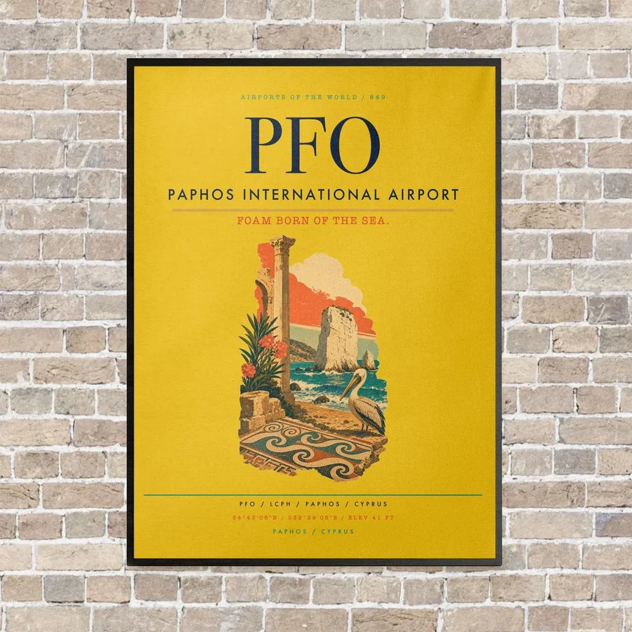 Paphos International Airport PFO vertical canvas print - framed - yellow background