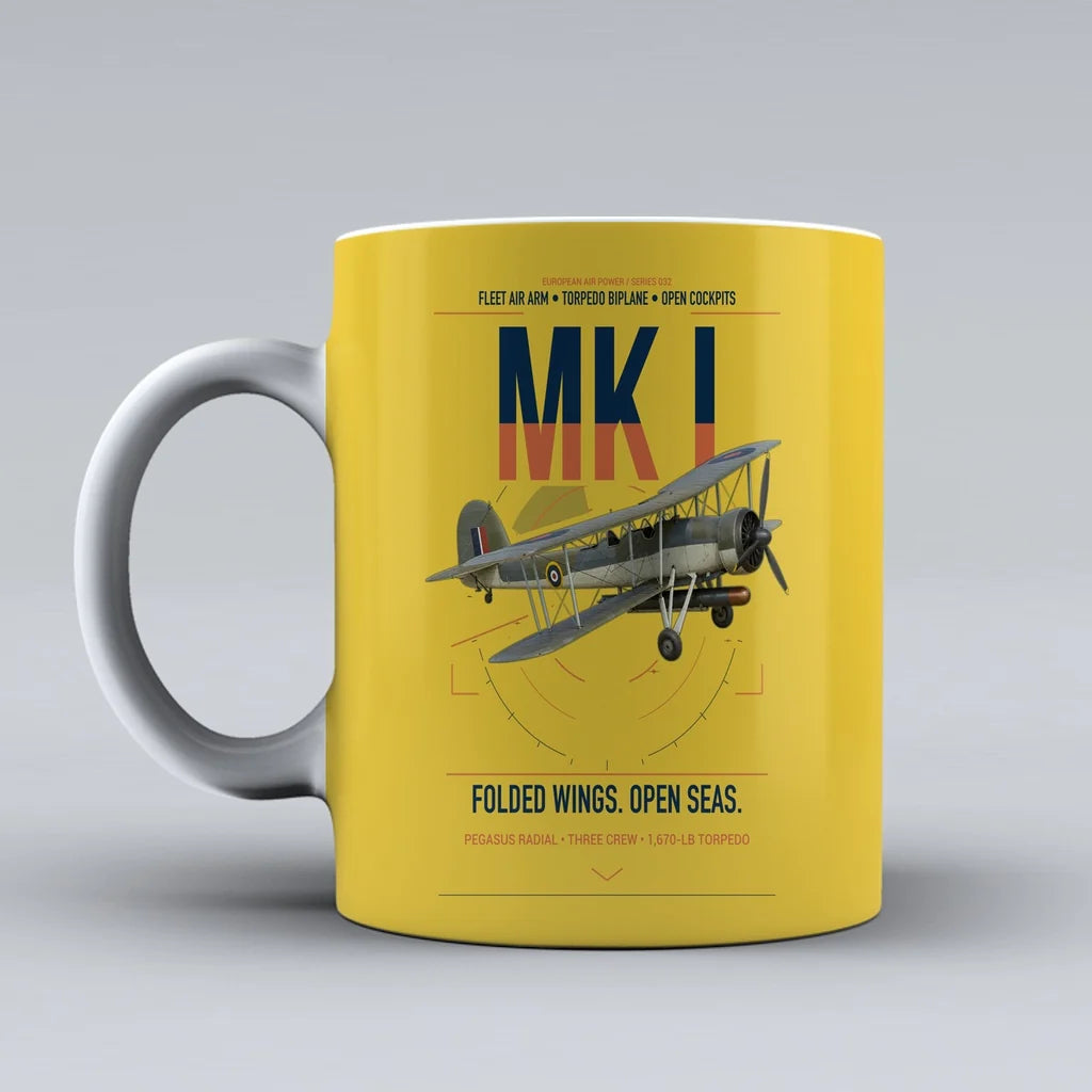 Fairey Swordfish Mk I design on yellow ceramic mug, double-side print