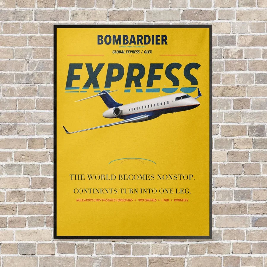 Bombardier Global Express vertical canvas print - framed - yellow background
