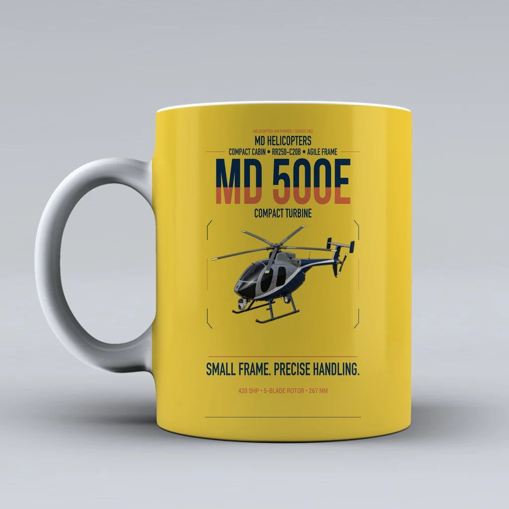 MD Helicopters MD 500E design on yellow ceramic mug, double-side print