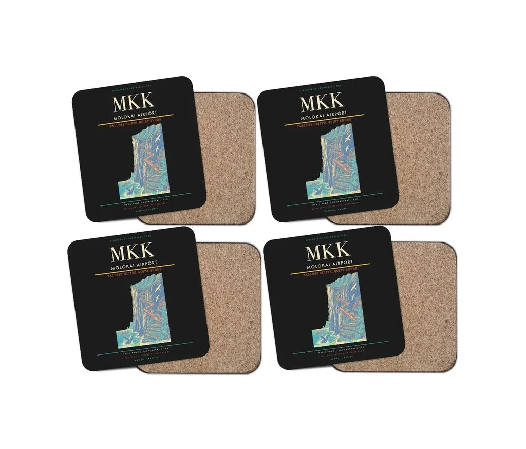 Molokai Airport (MKK) design on black 4 pieces set coaster