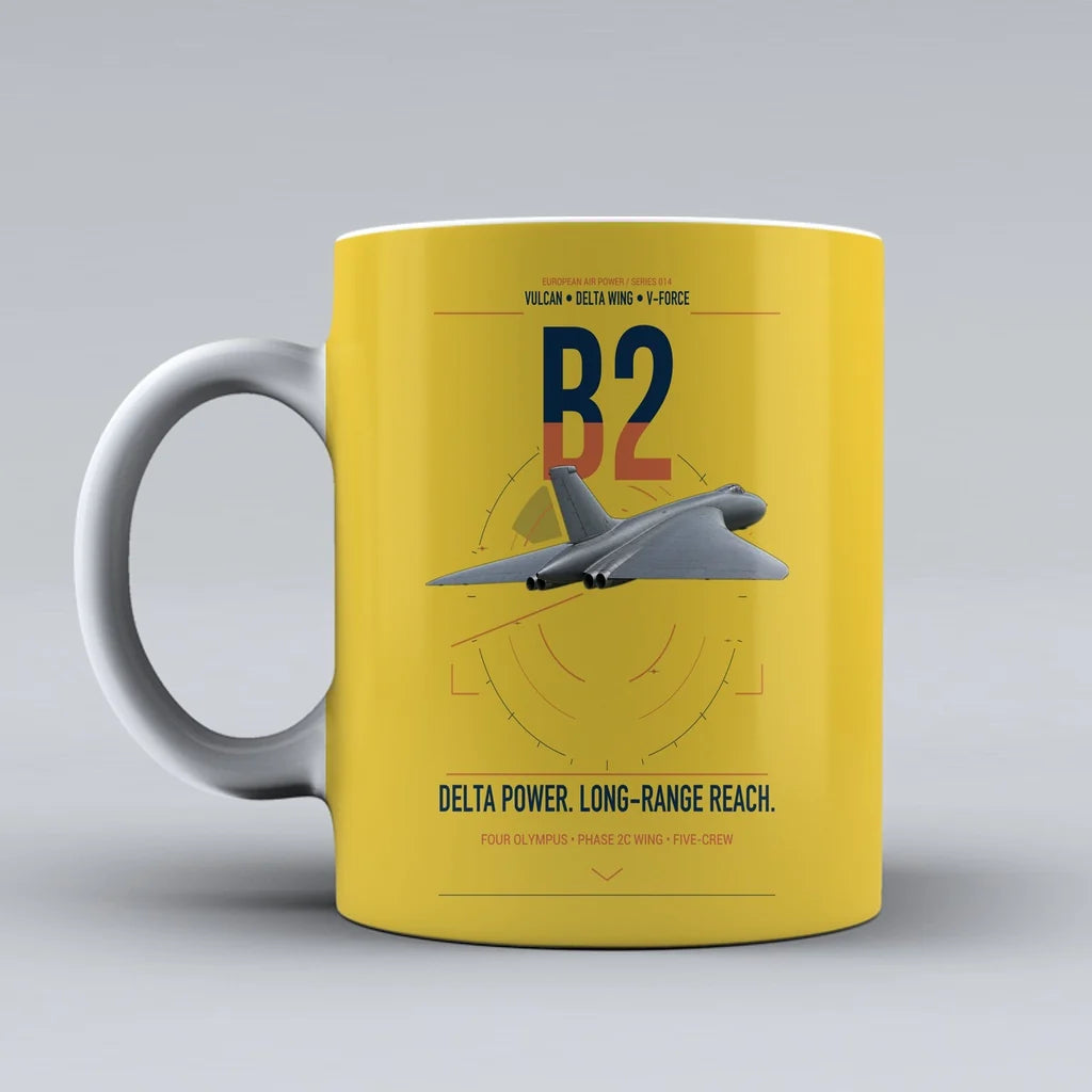 Avro Vulcan B2 design on yellow ceramic mug, double-side print