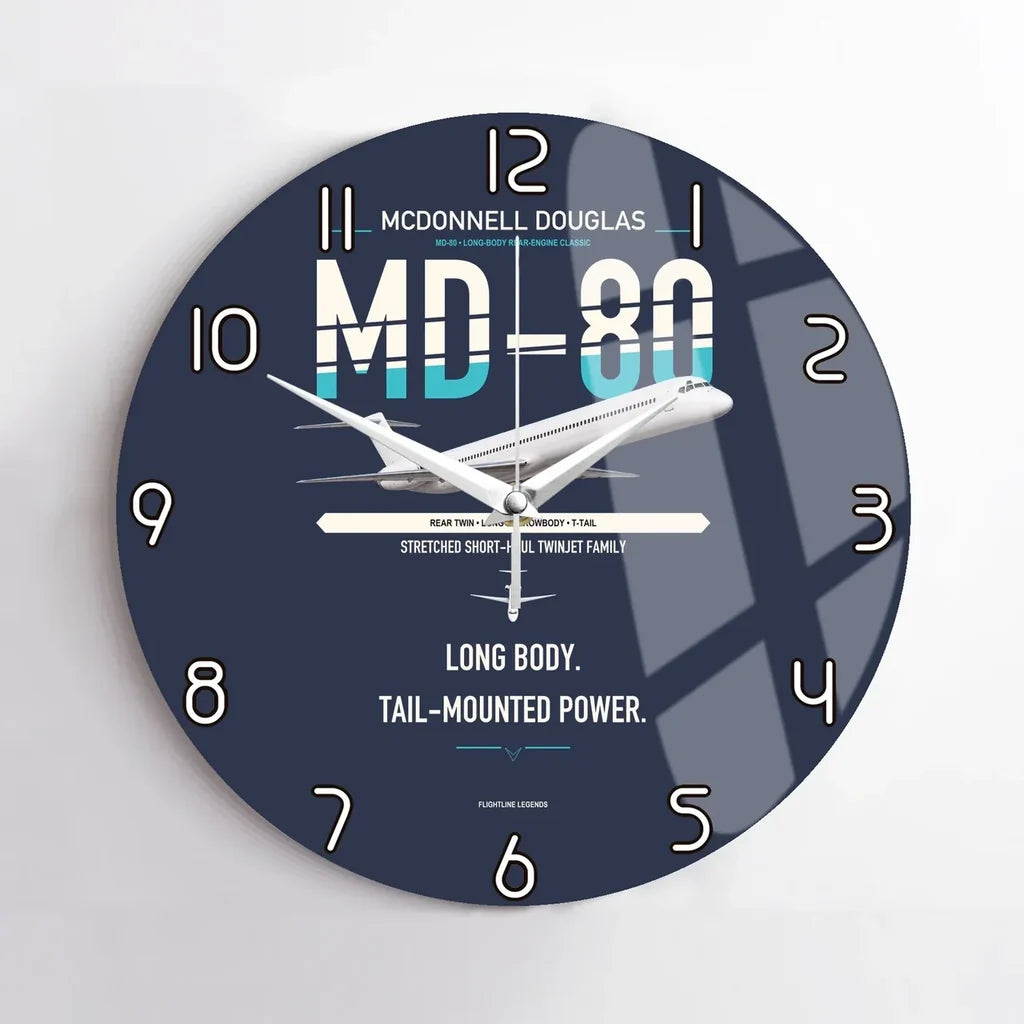 McDonnell Douglas MD-80 design on navy blue no frame wall clock